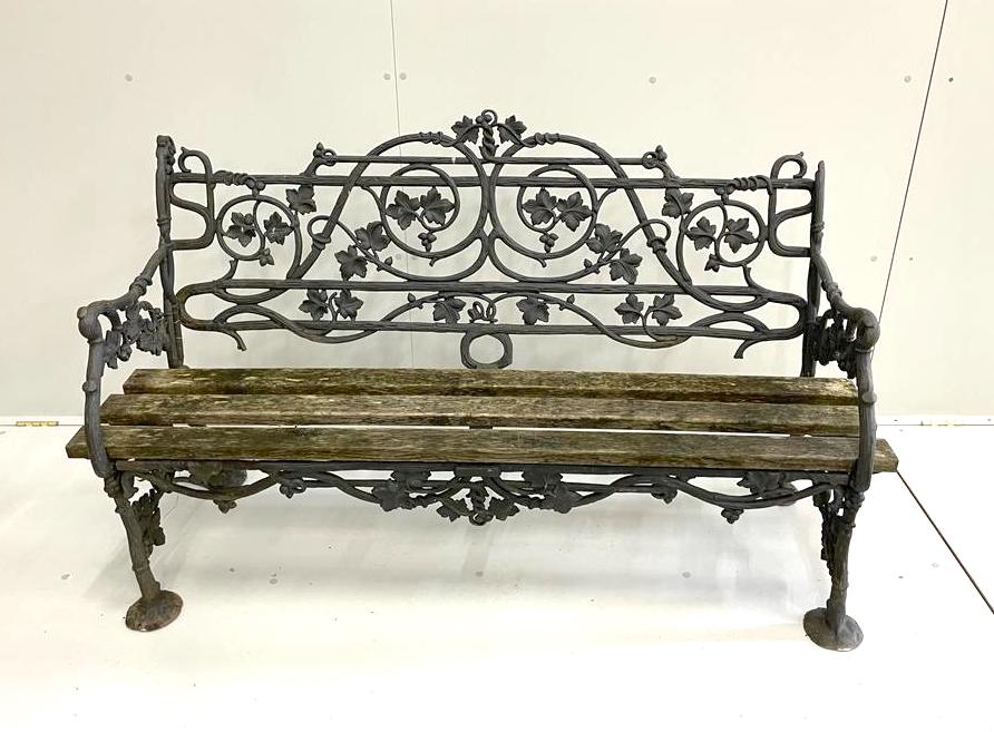A Victorian possibly Coalbrookdale cast iron ivy pattern garden bench, length 147cm, depth 52cm, height 89cm